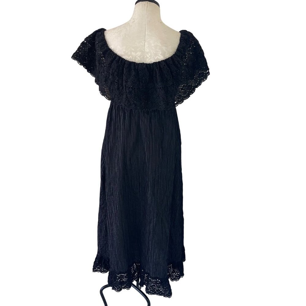 Vintage Womens Dress Size Large Black Pintuck Crochet Lace Trim Bohemia - Picture 3 of 10